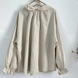 The Cottagecore- Lace Collar Linen Top With Buttoned Back- One Size